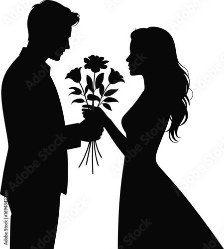 Couple receiving flowers silhouette woman