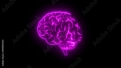 Neon Brain Organ Icon, Futuristic Digital Design Symbol . glowing neon human brain icon animation on black background. brain concept neon line .