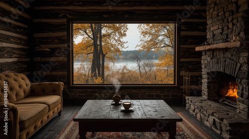 Wallpaper Mural Cozy Autumn Cabin Interior With Fireplace And Lake View. Cozy Autumn Cabin Torontodigital.ca