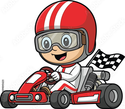 Cartoon child go-kart racer, red helmet, white racing suit, smiling kid, checkered flag, fun ride, energetic scene, racing illustration