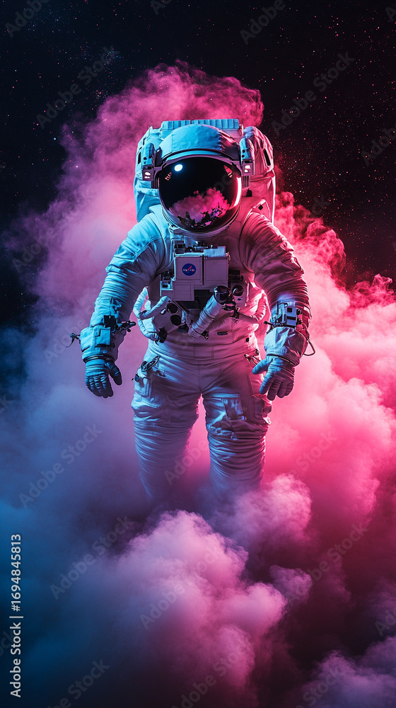 Fototapeta premium Astronaut navigating a swirling dusty cosmic storm, surrounded by glowing particles and space debris, evoking isolation and adventure in outer space.