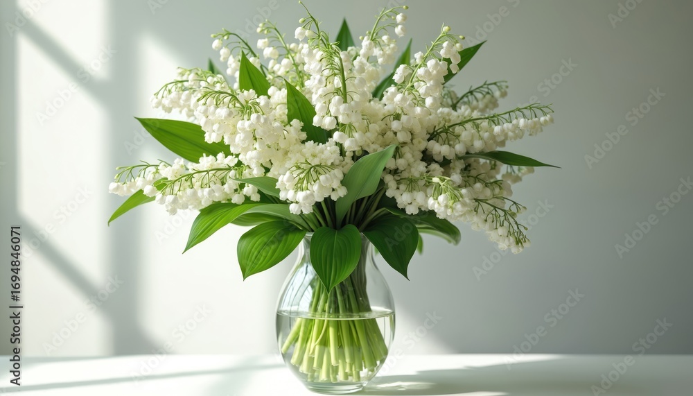 Fototapeta premium Large bouquet of lily of the valley flowers in clear glass vase. White blooms symbolize purity, innocence, and spring. Delicate, fragrant blossoms on white surface with soft light.