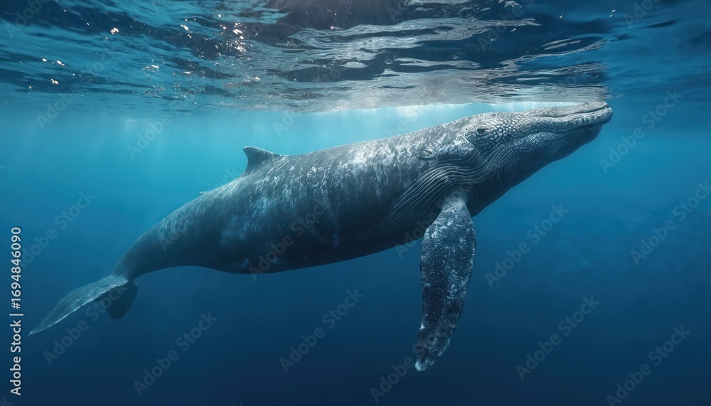 Fototapeta premium Majestic gray whale glides through clear blue ocean water near surface. Sunlight beams filter down, illuminating massive marine mammal in natural deep sea habitat. Graceful creature swims peacefully