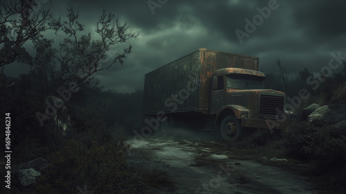 A rusty, old truck sits deserted on a foggy, overgrown road, shrouded in darkness. The eerie scene captures abandonment, mystery, and nature reclaiming space.