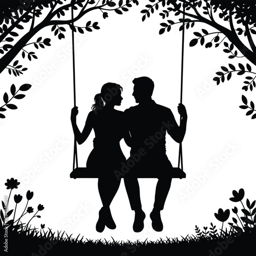 Couple on swing under tree branches leaves