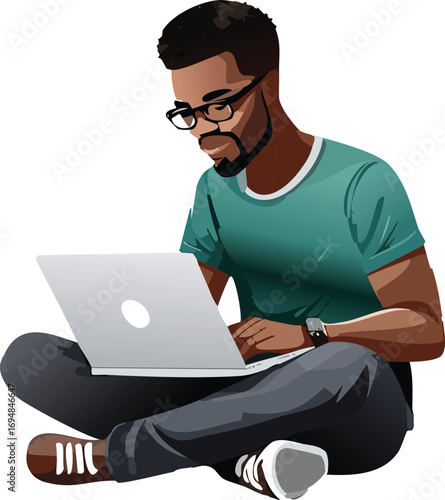 a guy working with his laptop, do not show face just a body figure, white background