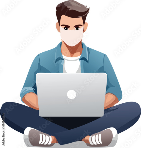 a guy working with his laptop, do not show face just a body figure, white background
