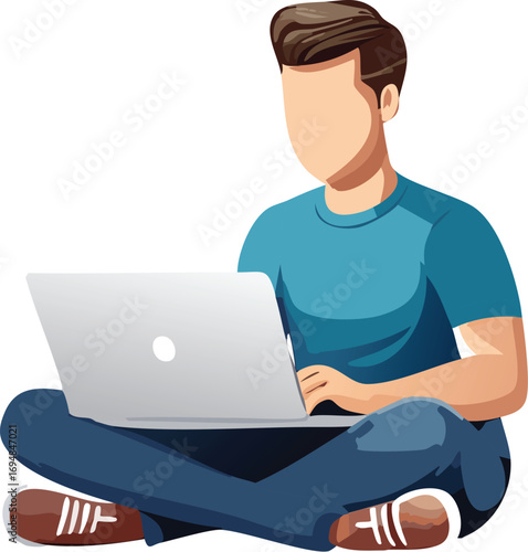 a guy working with his laptop, do not show face just a body figure, white background