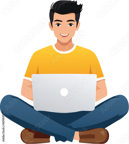 a guy working with his laptop, do not show face just a body figure, white background