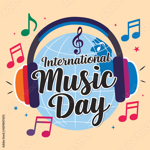 Vector art of international music day concept with headphones encircling a globe, surrounded by musical notes, representing the universal language and impact of music worldwide