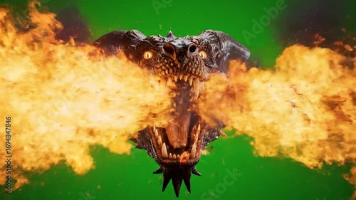 Ferocious fire-breathing dragon on green screen with flames and intense gaze