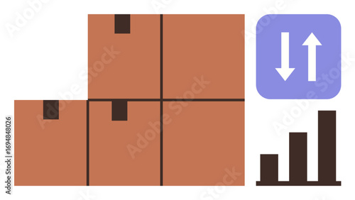 Stacked brown boxes beside upward and downward arrows with a bar chart. Ideal for logistics, supply chain, e-commerce, shipping, inventory, warehouse, and business growth. Simple flat metaphor