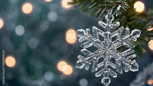 Crystal Snowflake Ornament Hanging on a Christmas Tree with Bokeh Lights