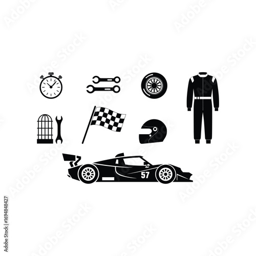 Racing sports icons set with formula 1 car driver suit helmet wheels and tools