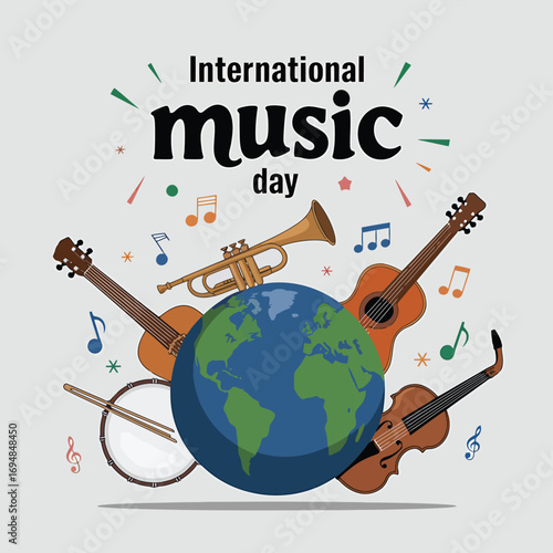 Vector art of global celebration of international music day featuring diverse musical instruments like guitars, trumpet, violin, and banjo surrounding planet earth