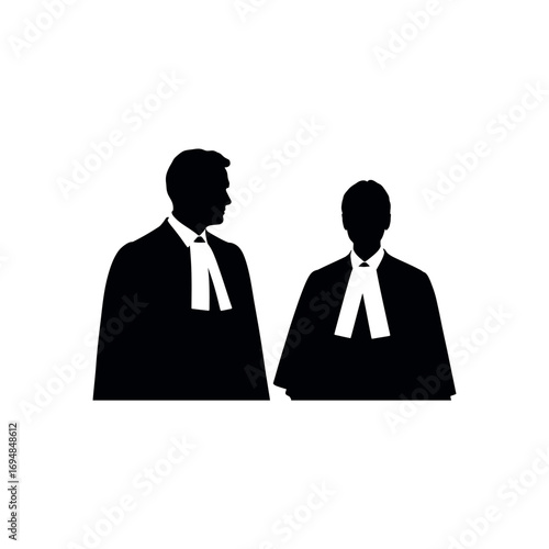 Two black silhouettes of lawyers in robes and white collars legal black and white