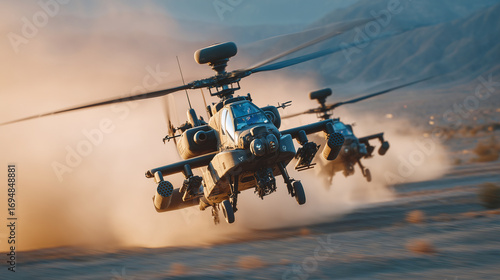 Twin military helicopters over sandy desert at sunrise, dust kicked up by convoy of trucks below, blades slicing the light, dynamic action scene emphasized