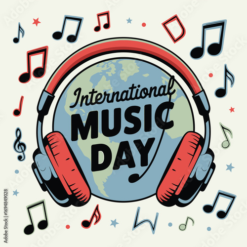 Vector art of international music day celebrated globally with headphones and musical notes surrounding the earth, promoting unity and sound