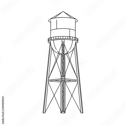 Line art water tower features a conical roof and structural steel supports for a minimalist aesthetic. Line art water tower presents simple yet detailed design,