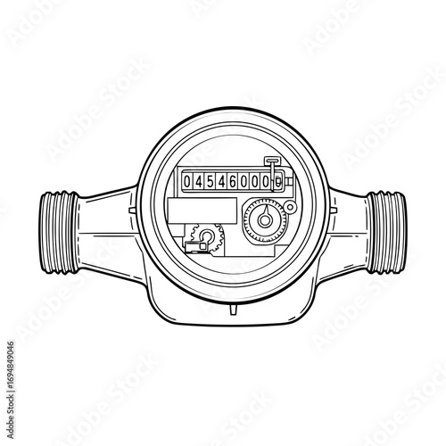 Line art water meter illustration with counter mechanism showcased in monochrome. Line art reveals intricacies of this equipment and demonstrates usage in engineering contexts.