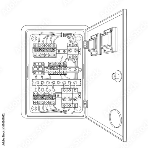 Line art fuse box illustration showing intricate wiring and components, essential for electrical systems. Line art fuse box is an essential element in electrical design.