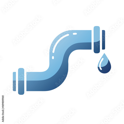 Illustration of blue water pipe leaking a single drop, showing potential damage. Water pipe symbolizes plumbing issues, water damage, or infrastructure problems.