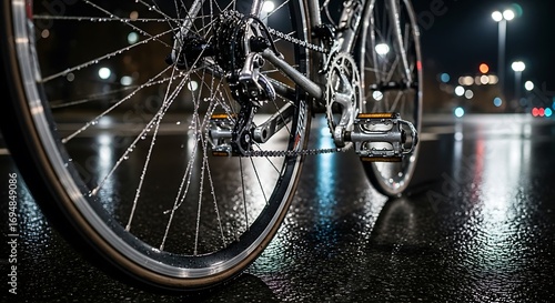 Close up of a bicycle wheel on a wet street at night with colorful reflections of lights suggesting a rainy evening commute