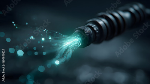 Fiber optic cable connection data network technology glowing digital pulse flows through flexible fiber optic cable, sharp macro detail evokes