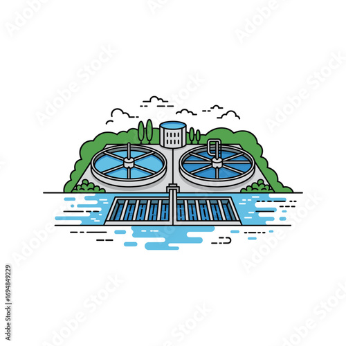 Water treatment plant with settling tanks and water flow schematic environmental engineering concept