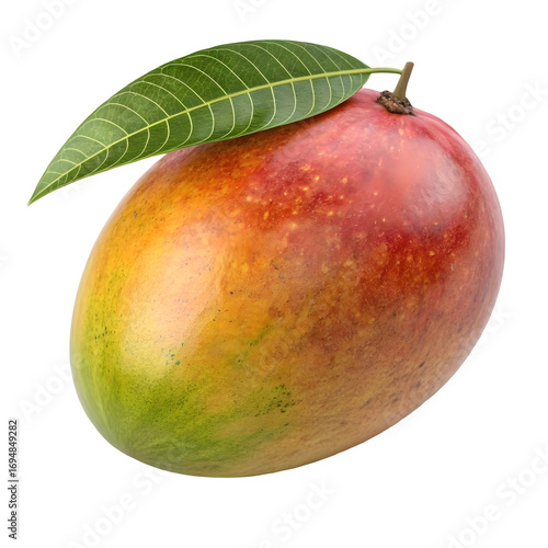 Fresh ripe mango fruit with green leaf isolated on transparent background