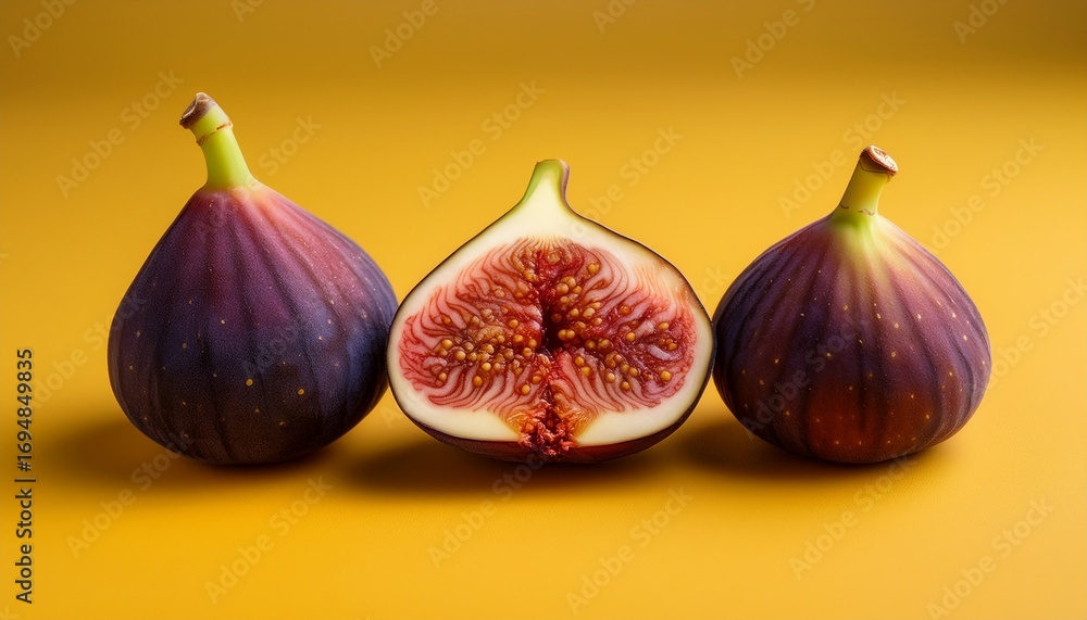 Obraz premium purple brown figs whole and sliced open revealing delicious interior on yellow background