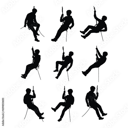 Black and white silhouette illustration of a person rappelling in eight dynamic positions with climbing gear and safety equipment