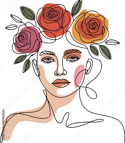 Woman Face With Floral Crown And Color Accents vector illustration
