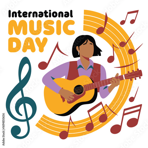 Vector art of international music day with a woman playing guitar surrounded by musical notes and a treble clef