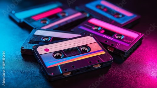 Retro cassette tapes scattered on neon lit surface evoke nostalgia and vibrant energy. colorful design and vintage style highlight charm of analog music media