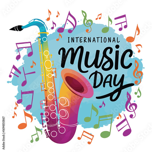 Vector art of an energetic artwork for international music day showcasing a colorful saxophone surrounded by a vibrant cloud of musical notes and splashes of color, representing the joy of music