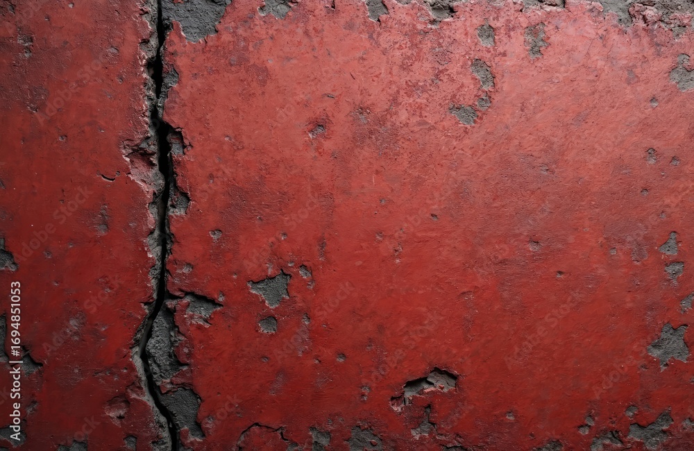 Red concrete wall texture shows natural relief with chips and scratches. Fragment of old stone surface features a crack. Dark rough surface with free space for text. Grimy, aged, worn stucco style.