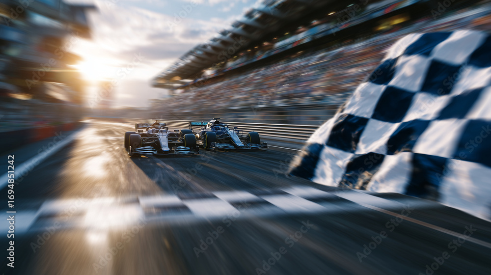 Obraz premium Checkered flag waving in foreground as Formula 1 cars streak past finish line, motion blur emphasizing incredible speed, sun glinting off polished car bodies