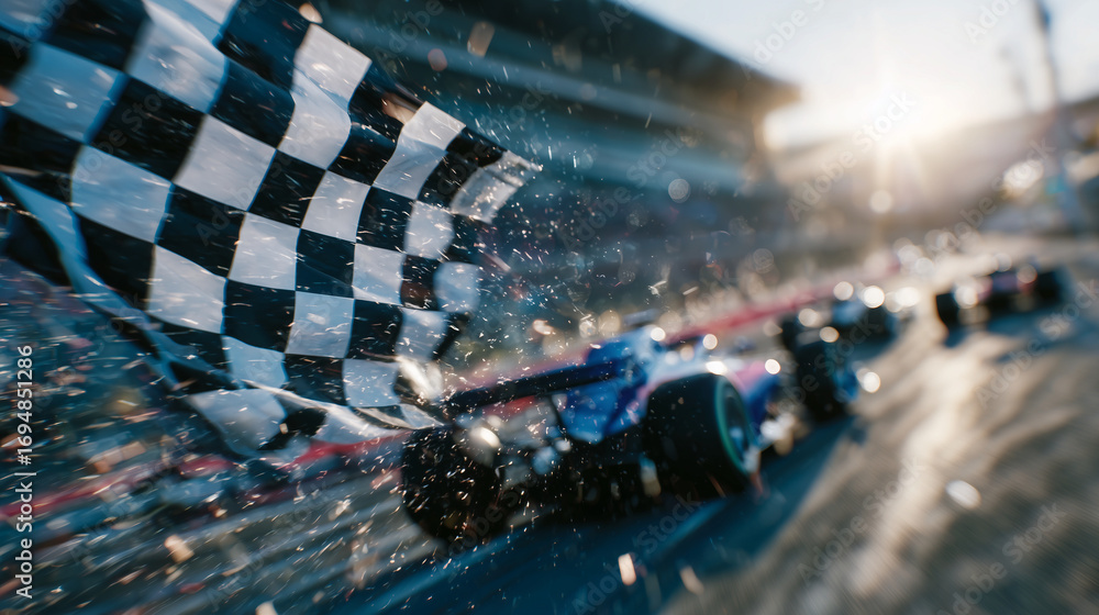 Fototapeta premium Close-up of waving checkered flag, F1 cars blurred behind in intense motion, sunlight reflecting off helmets and aerodynamic curves