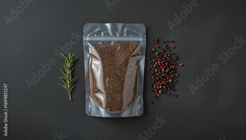 A vibrant arrangement of culinary ingredients, showcasing a clear pouch of spice mix. a fresh rosemary sprig and peppercorns creating a visually rich and aromatic still life.