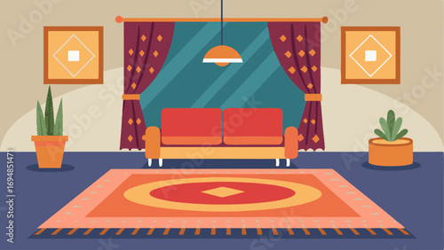 A Moroccan rug spread out on the living room floor.