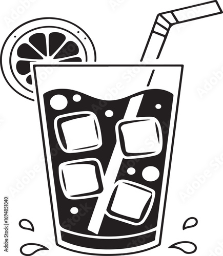 Black and white illustration of a tall glass filled with ice cubes and a lemon slice drink beverage