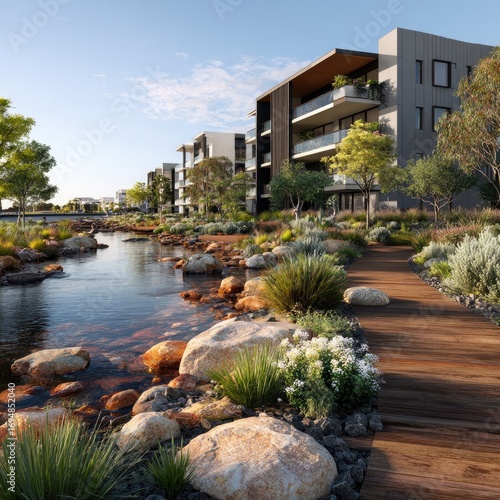 Modern apartment complex with landscaped waterways.  A serene community setting