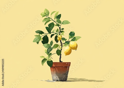 A small lemon tree in a terracotta pot, bathed in sunlight