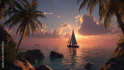 Tropical sunset seascape with sailboat (1)