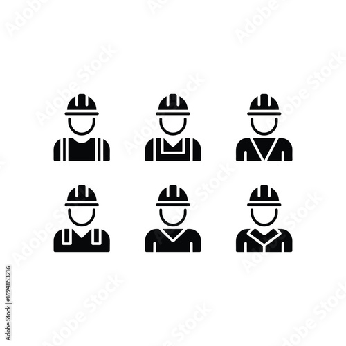 Set of six construction worker icons representing diverse industry professionals and safety gear