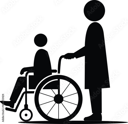 Person pushing another person in a wheelchair silhouette for healthcare and assistance concepts