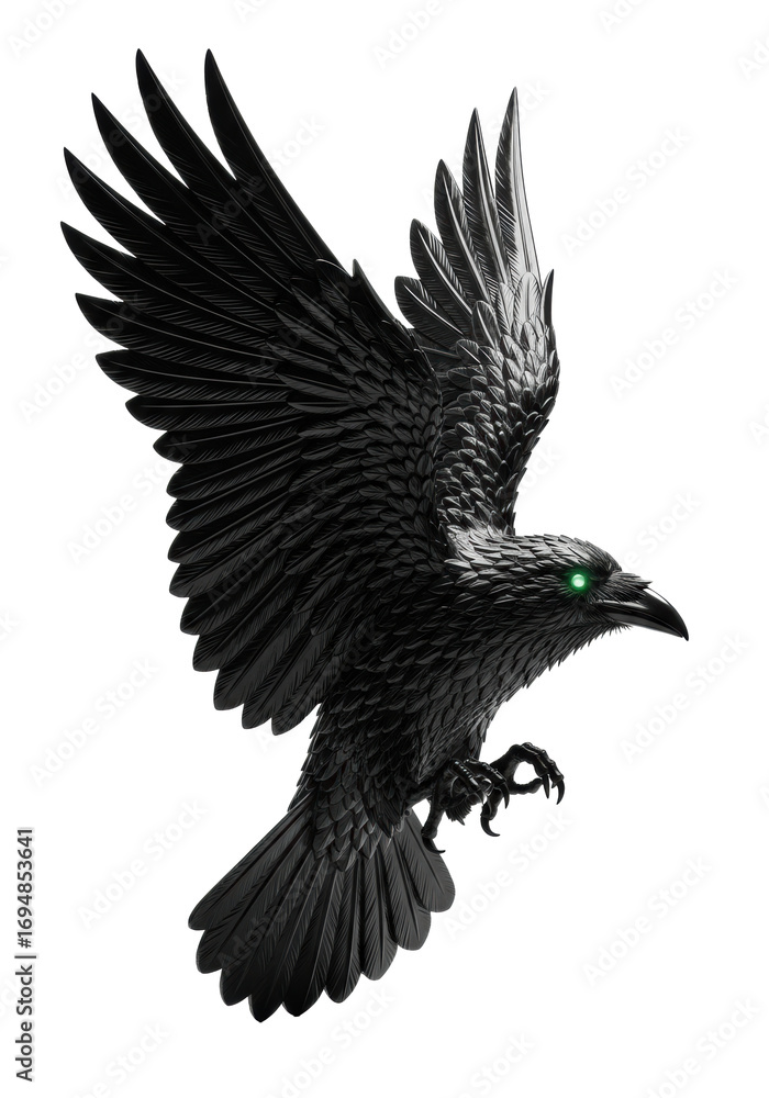 Obraz premium A majestic ancient raven carved from polished black obsidian, intricate feathers, glowing emerald eyes, vast wings wide, on a clean transparent studio background with soft lighting, concept of ancient