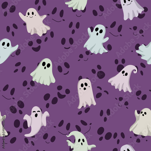 Halloween seamless pattern with cute ghost hand drawn vector on purple retro background