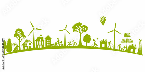 Green cityscape with wind turbines solar panels trees and people enjoying sustainable living